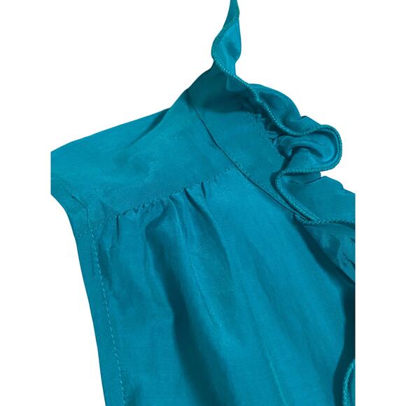 Loft Blue Sleeveless Top Blouse L Ruffles Cotton Silk Classic Chic Career Office - Picture 4 of 7